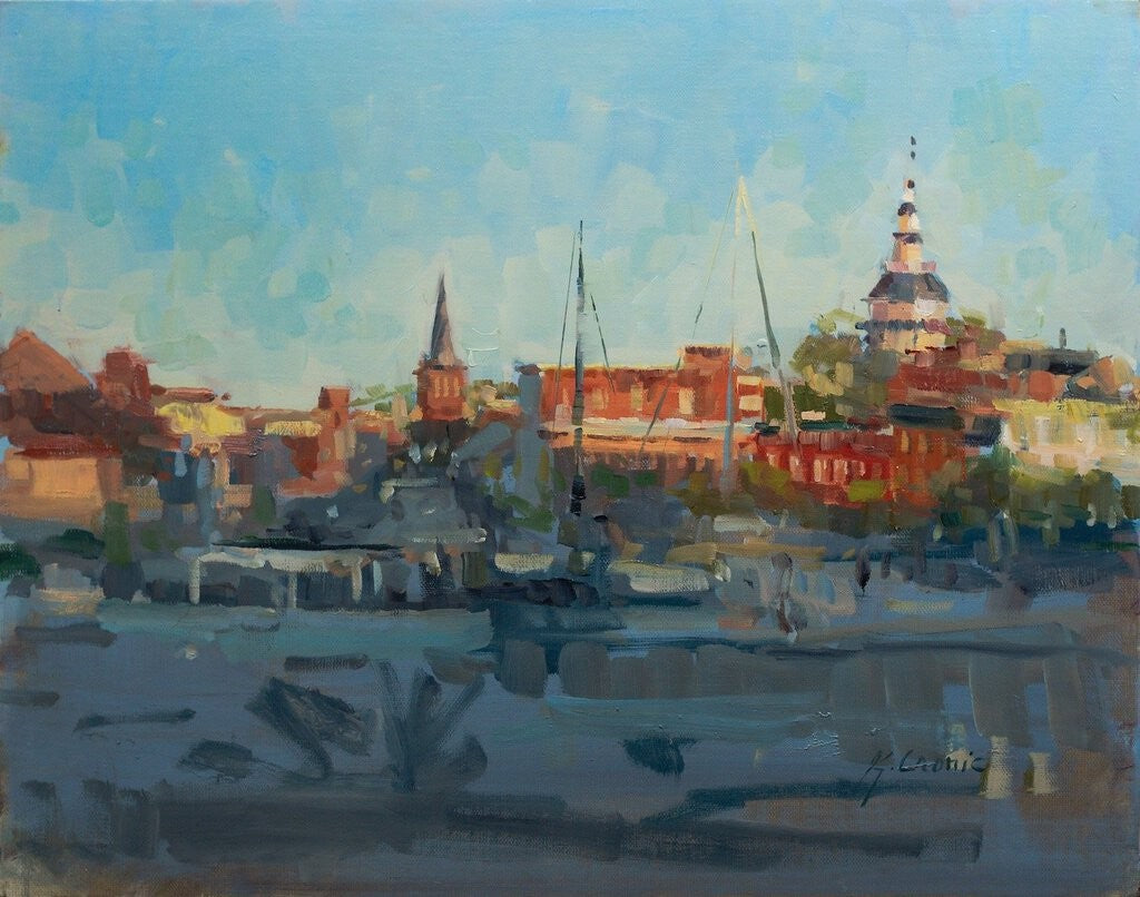 Oil painting of the Annapolis harbor and State House dome