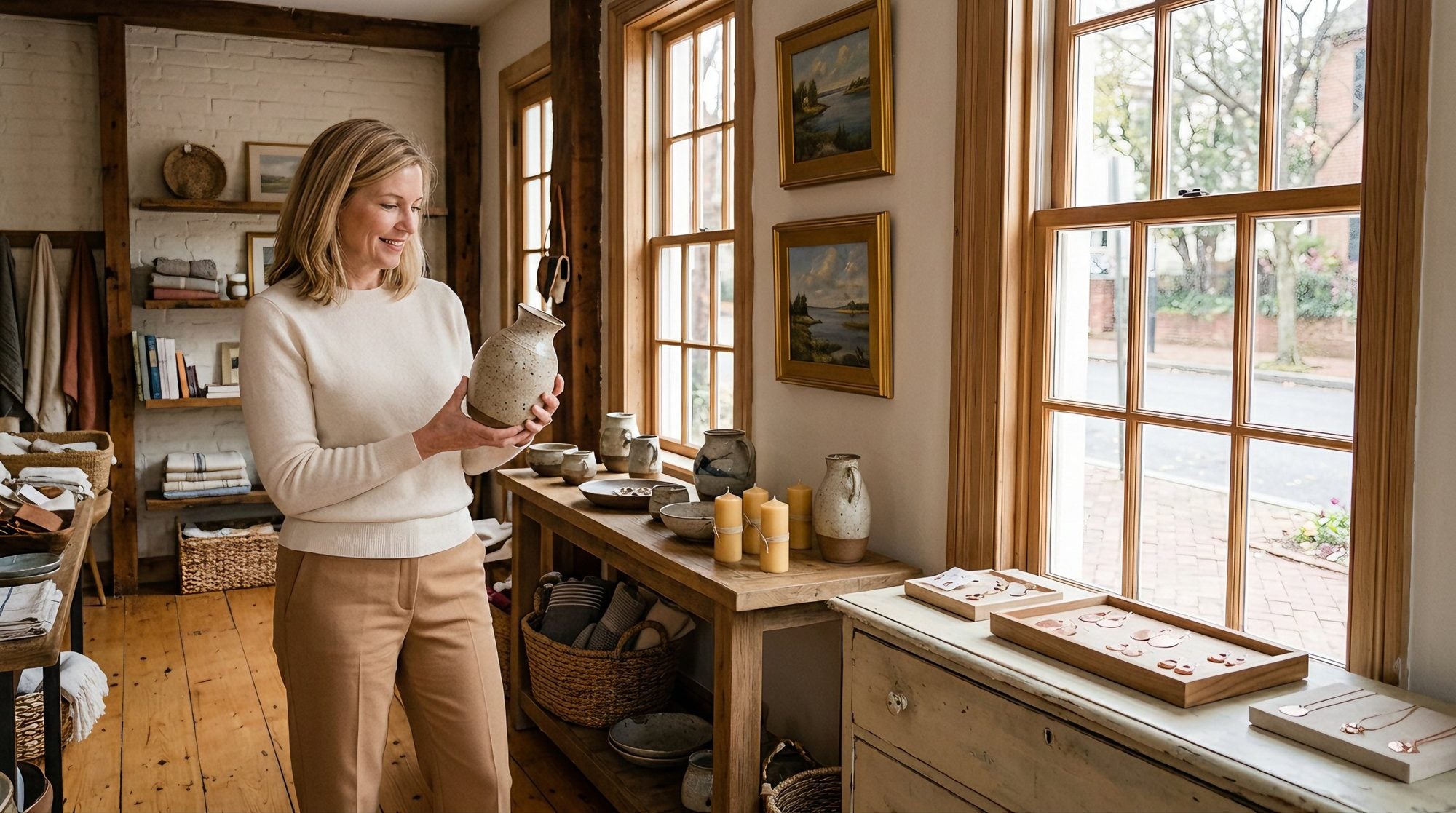 A shopper holding a handmade vase in a sunlit shop