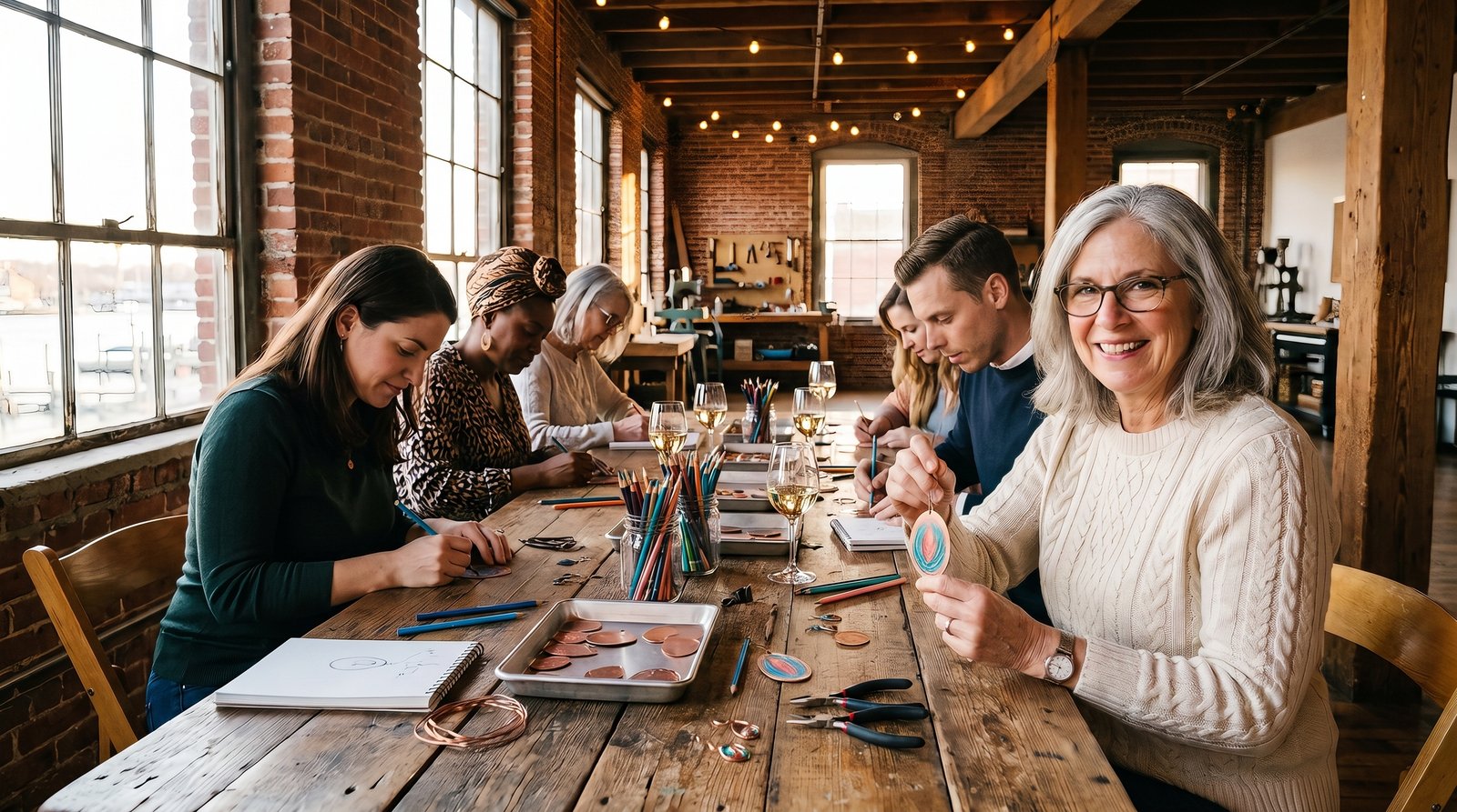 Guests coloring copper jewelry at a workshop in The Loft